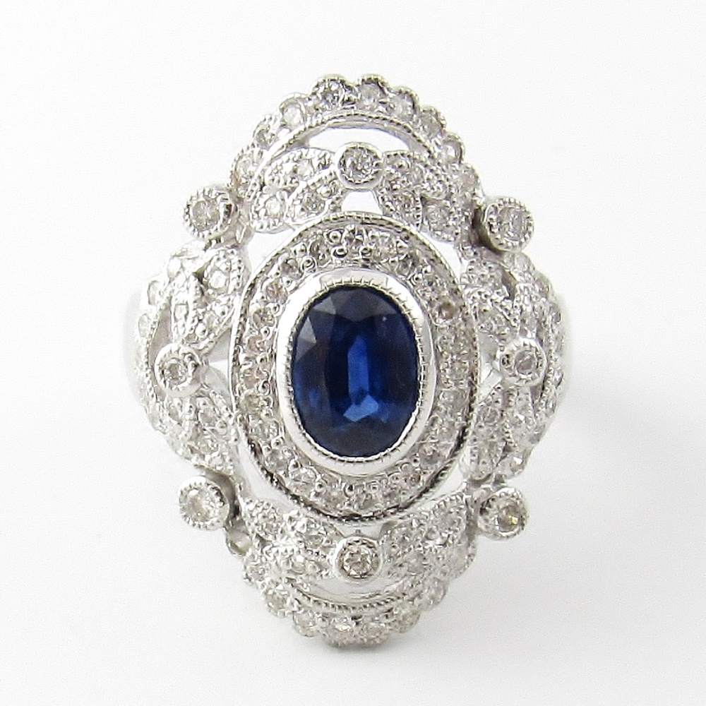 Vintage 18 Karat White Gold Natural Sapphire and Diamond Ring Size 6.75 #16471